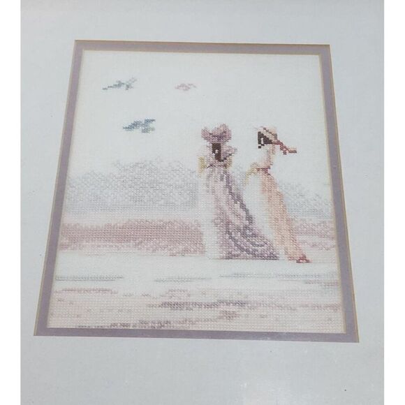 Vintage Cross-Stitch Beach Scene With Ladies In Bonnet Hats Framed Artwork - Picture 1 of 3